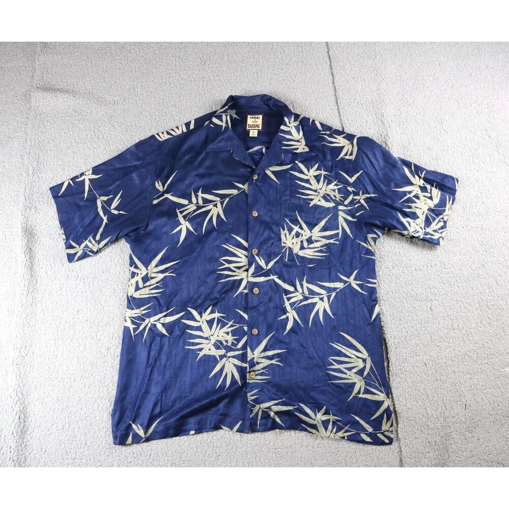 Tommy Bahama Shirt Mens M YBlue Bamboo Hawaiian Silk Short Sleeve Palm Tree